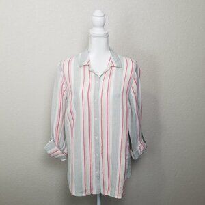 Charter Club Women's Stripped Button Front Cuffed Blouse - Size: Med - NWT